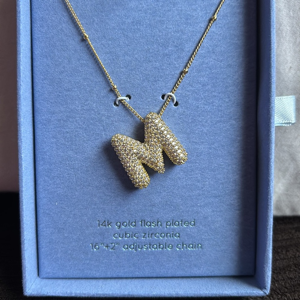 Gold “M” Initial Necklace with Cubic Zirconia - Picture 3 of 4